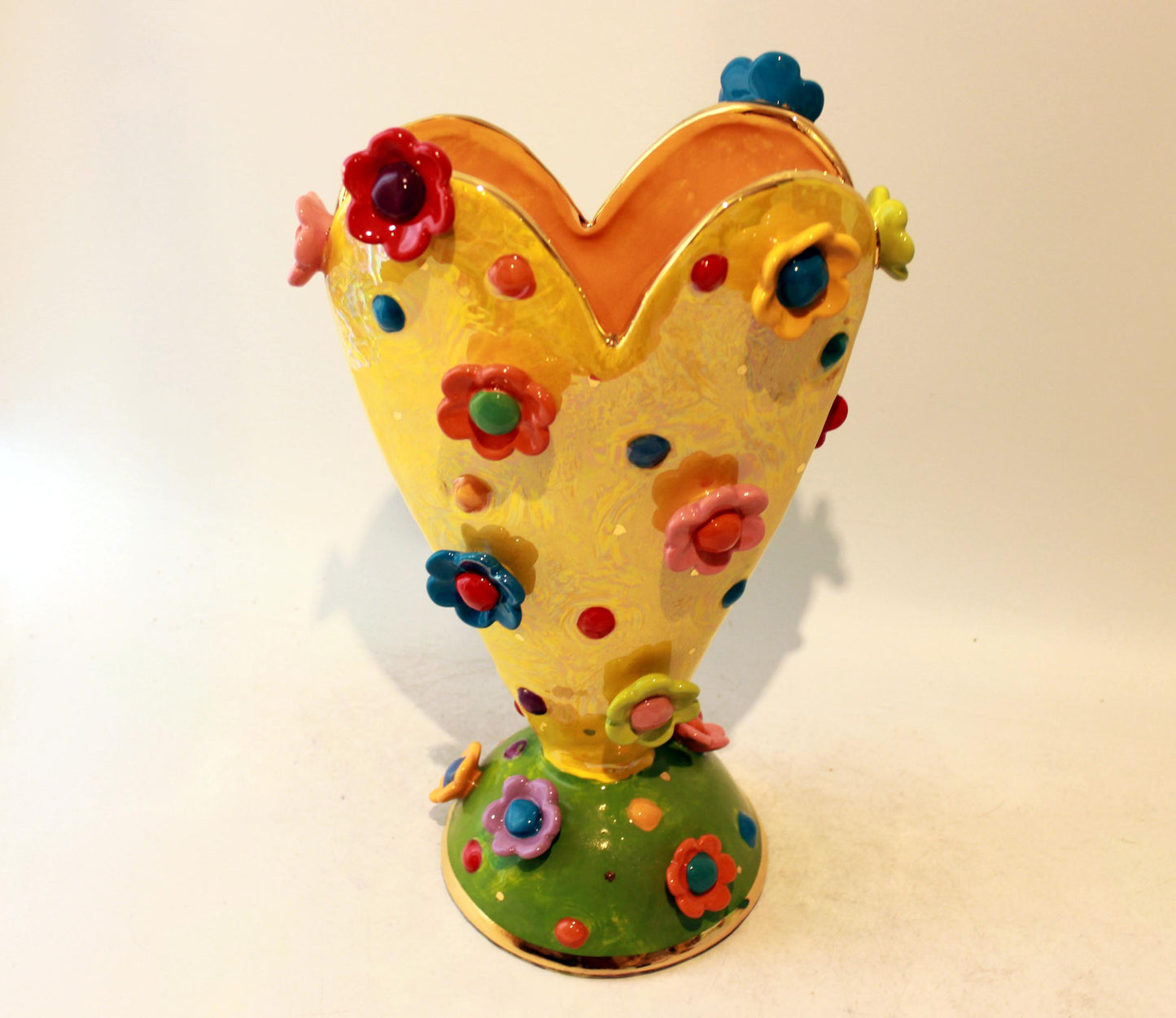 Large Yellow Heart Vase Studded with Daisies