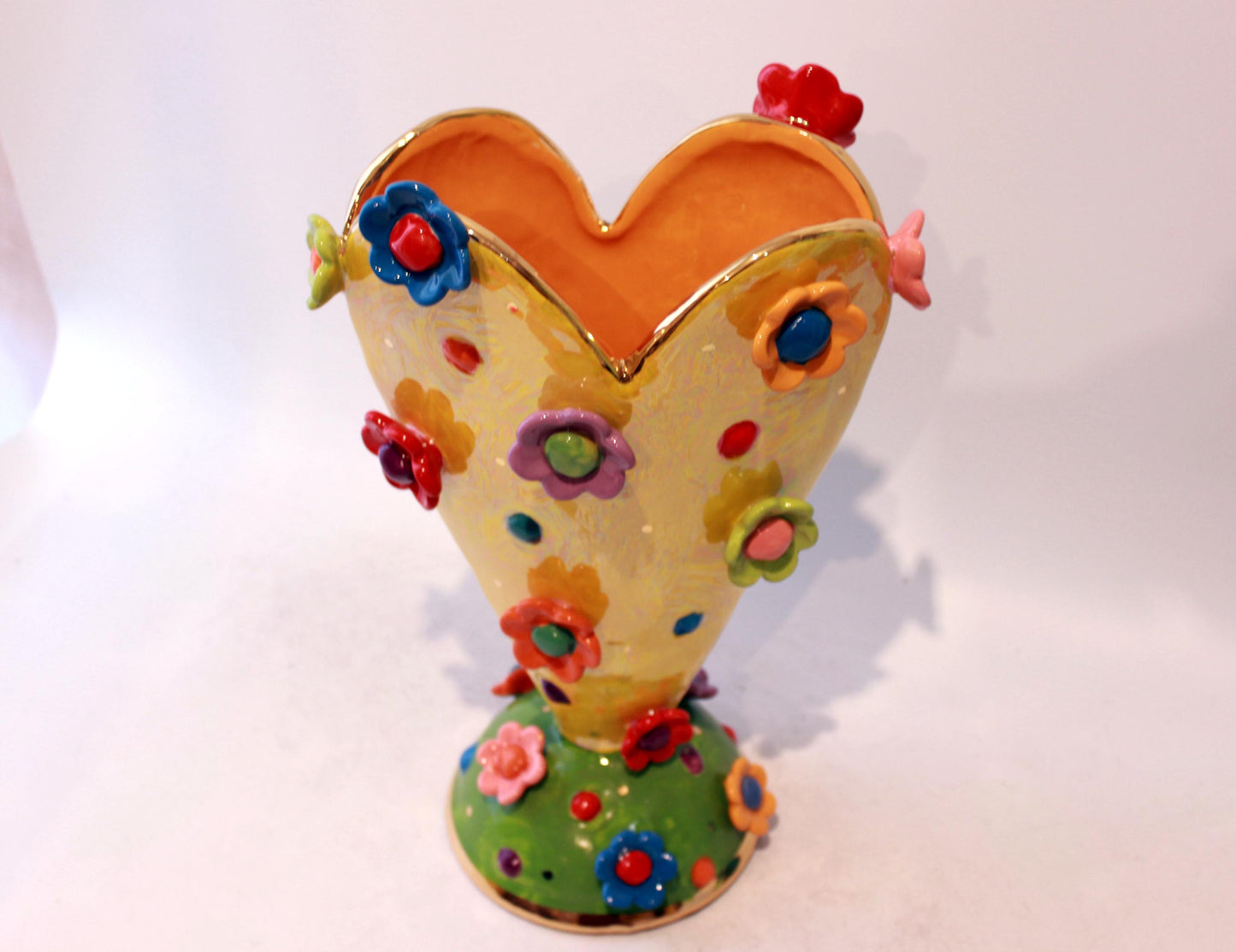 Large Yellow Heart Vase Studded with Daisies