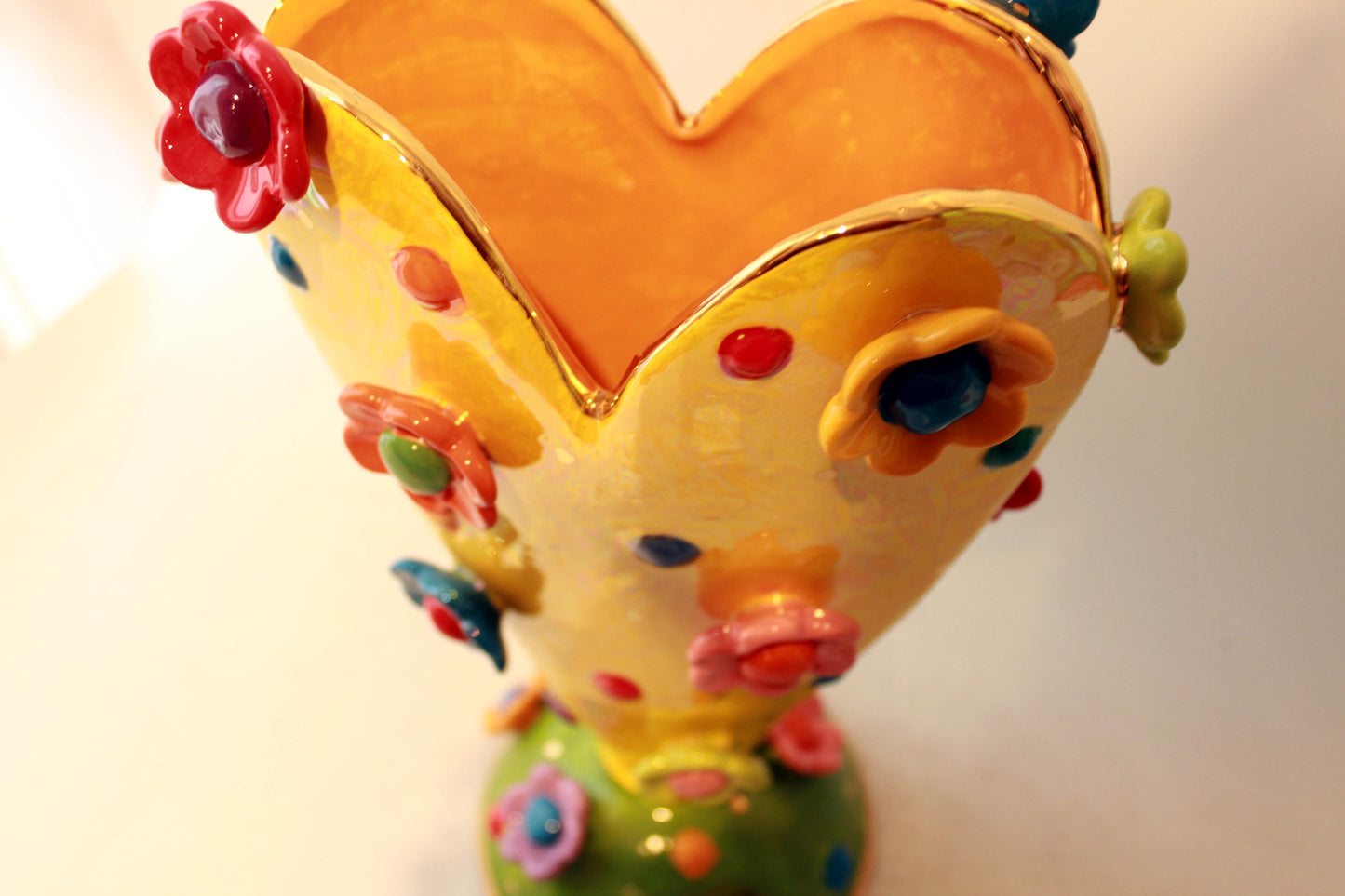 Large Yellow Heart Vase Studded with Daisies