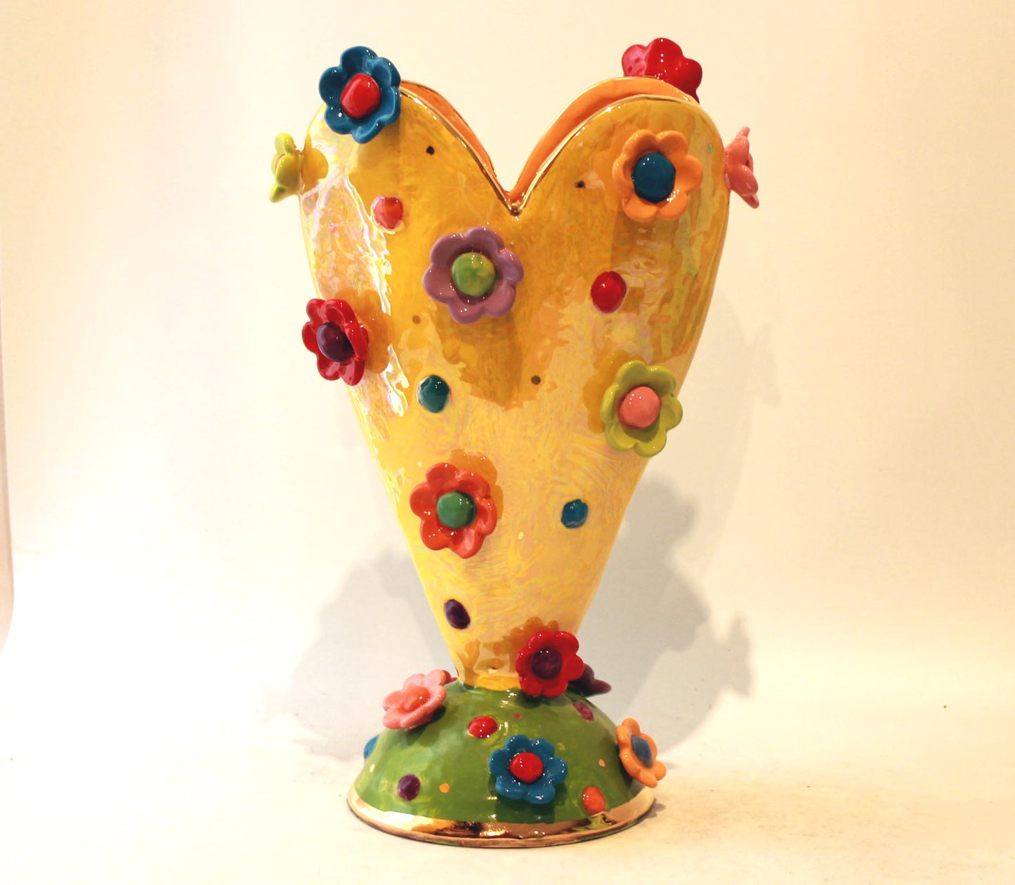 Large Yellow Heart Vase Studded with Daisies