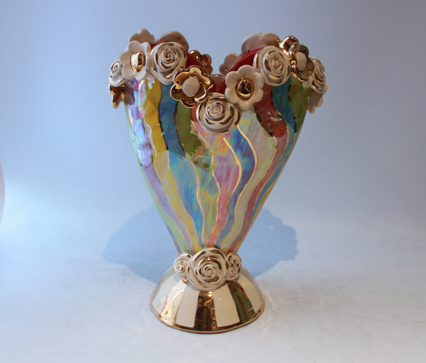 Large Encrusted Heart Vase Swirly Psychedelic Stripes