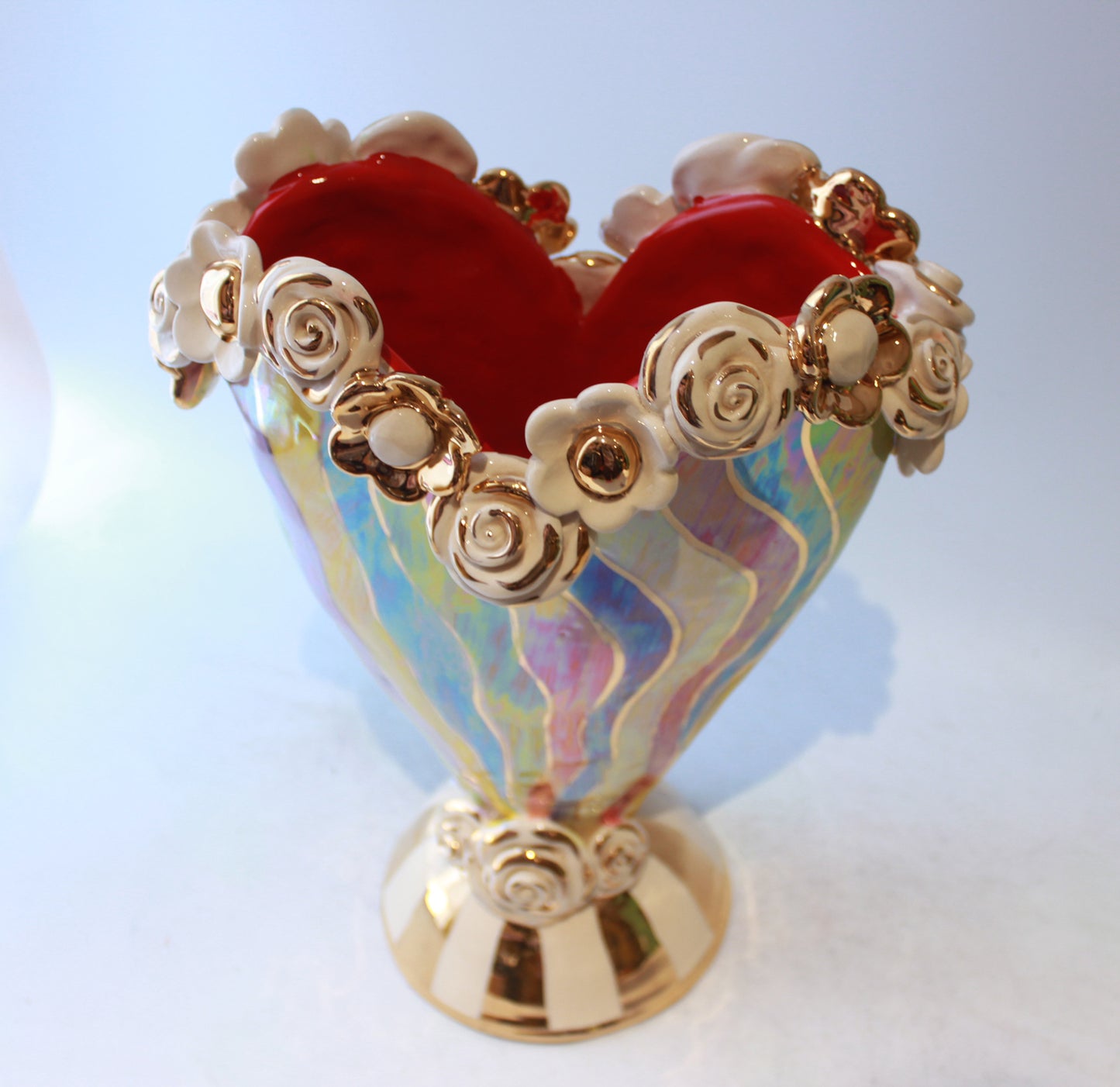 Large Encrusted Heart Vase Swirly Psychedelic Stripes
