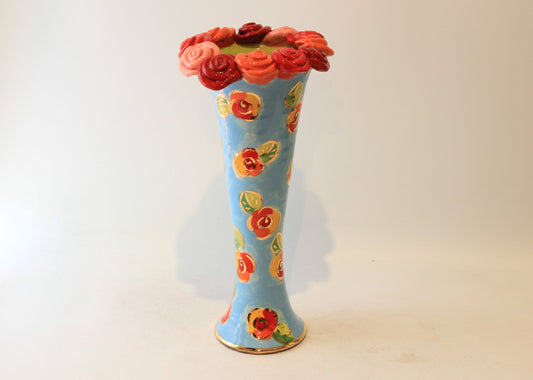 Large Rose Encrusted Catwalk Vase Blue Rosebud