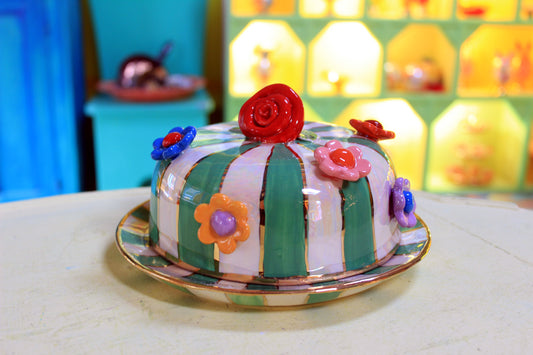 Multiflower Studded Butter Dish Green and White Stripe