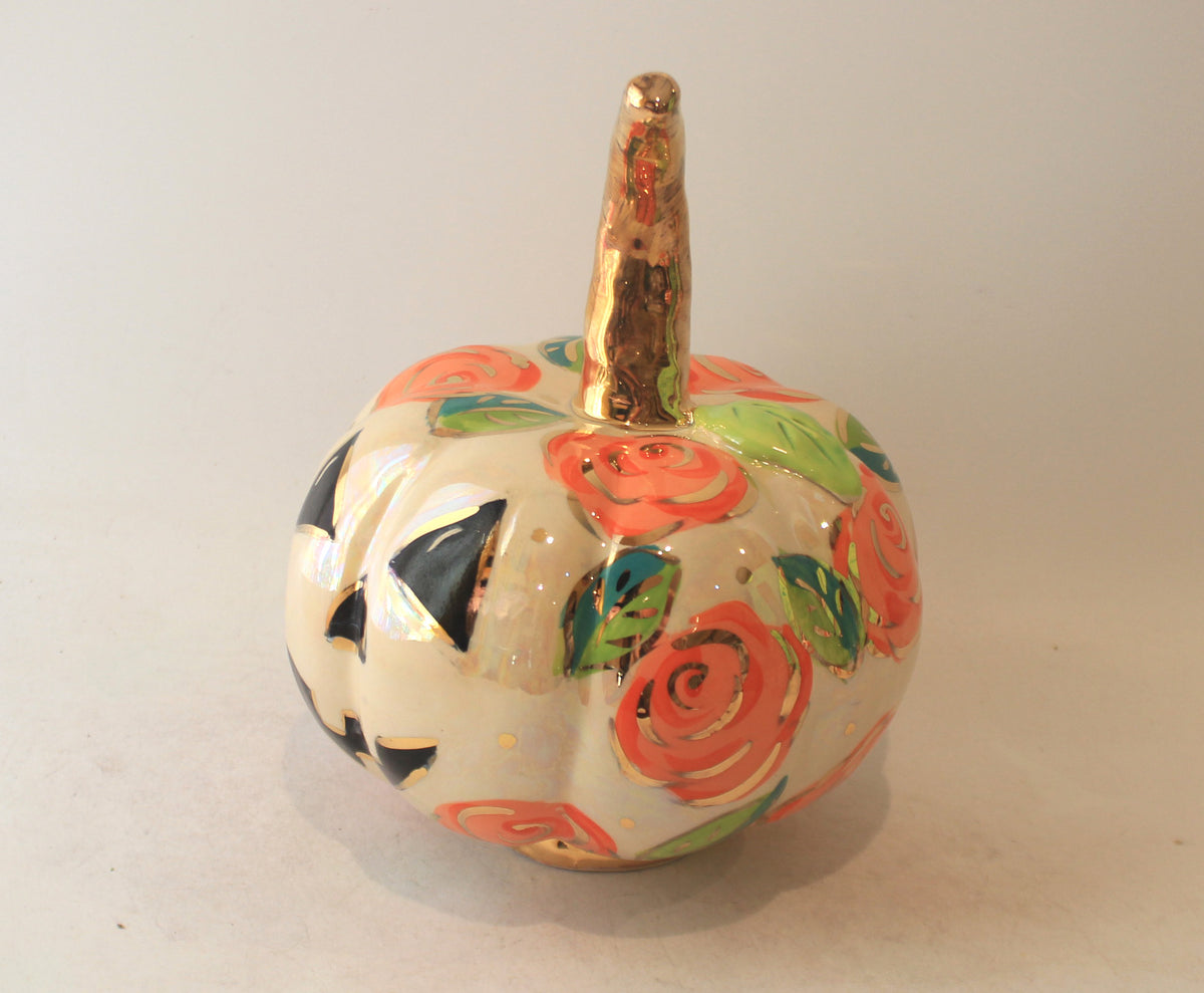 Large Pumpkin with Face and Orange Roses