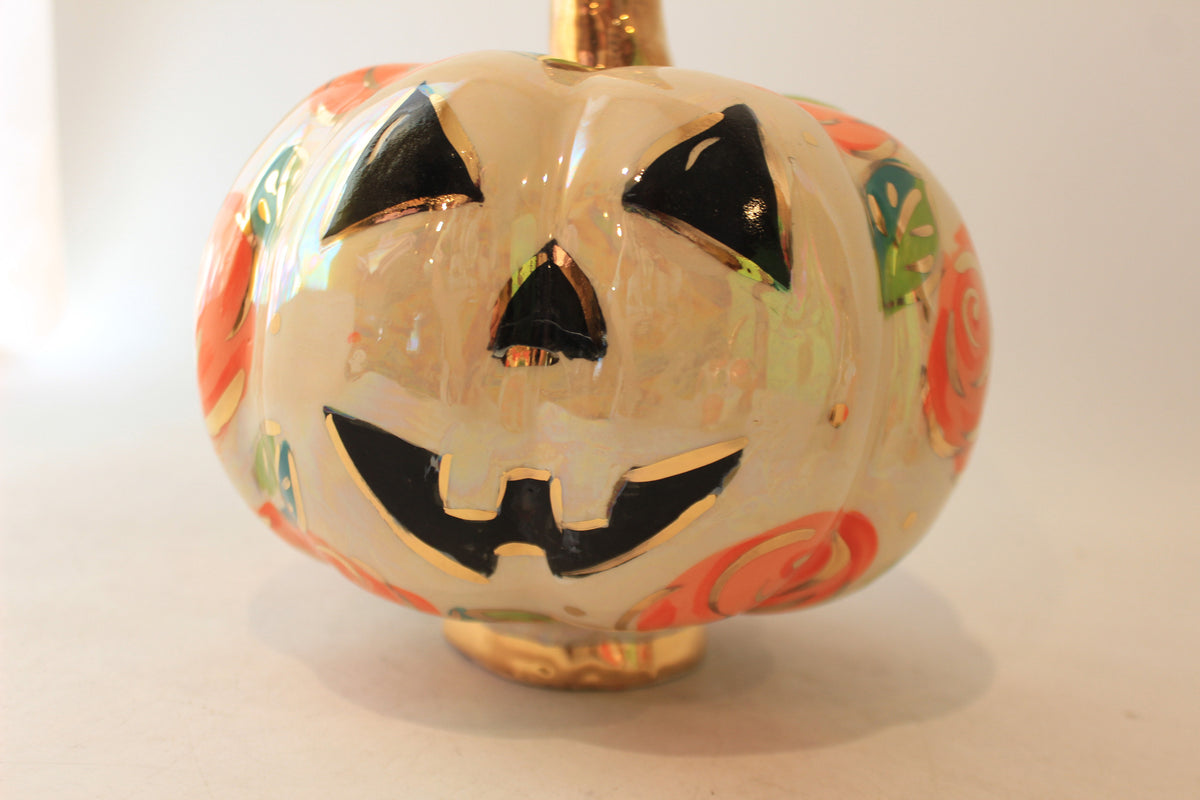 Large Pumpkin with Face and Orange Roses
