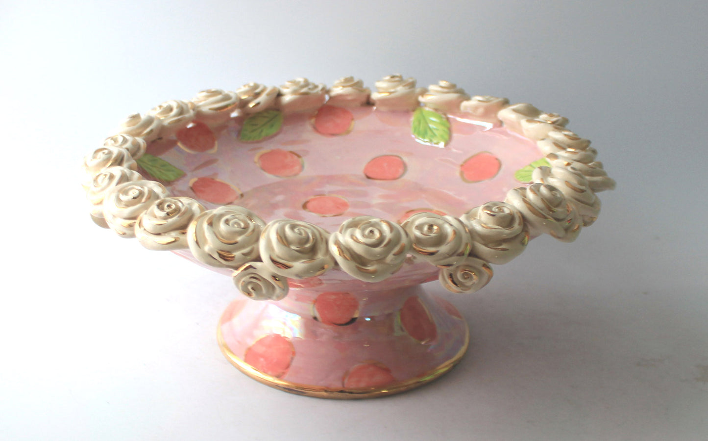 Rose Encrusted Cakestand in Two Tone Pink Dots - MaryRoseYoung