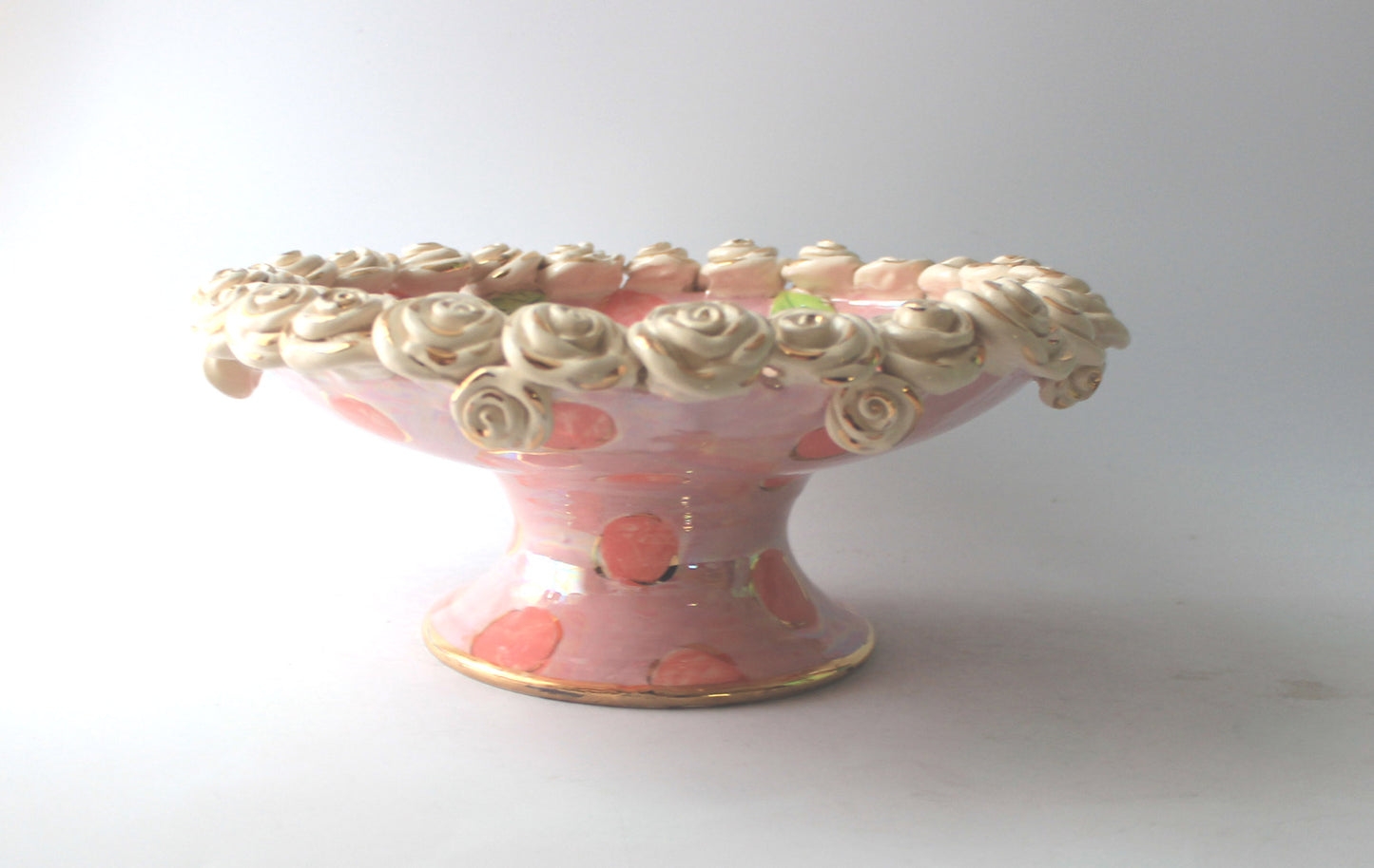 Rose Encrusted Cakestand in Two Tone Pink Dots - MaryRoseYoung