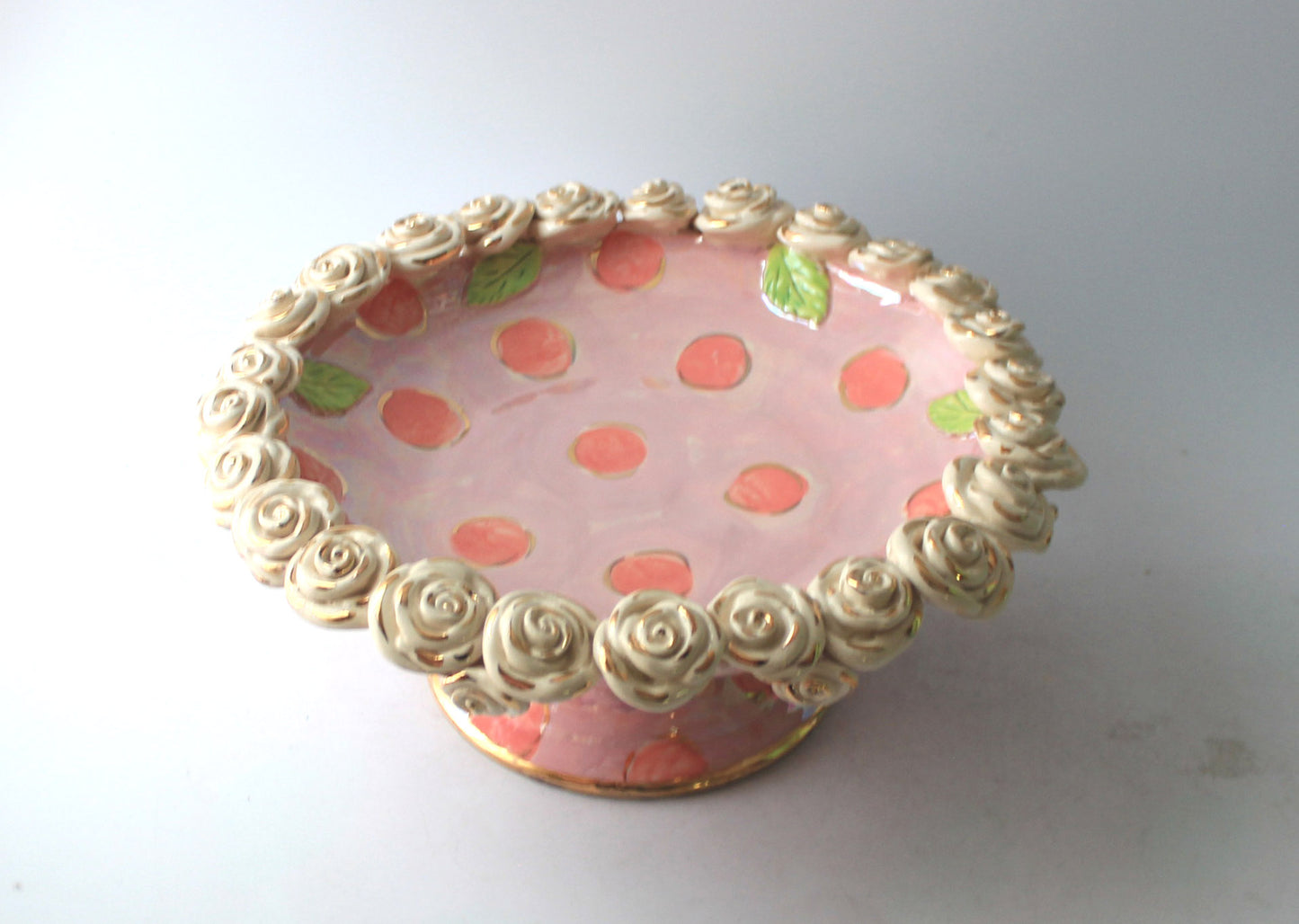 Rose Encrusted Cakestand in Two Tone Pink Dots - MaryRoseYoung