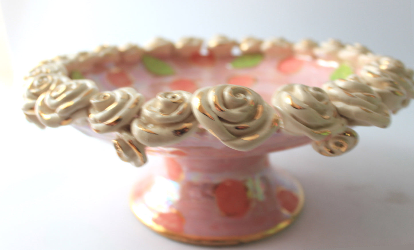 Rose Encrusted Cakestand in Two Tone Pink Dots - MaryRoseYoung