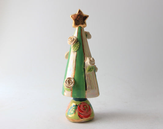 Small Rose Studded Christmas Tree Green and White Stripe