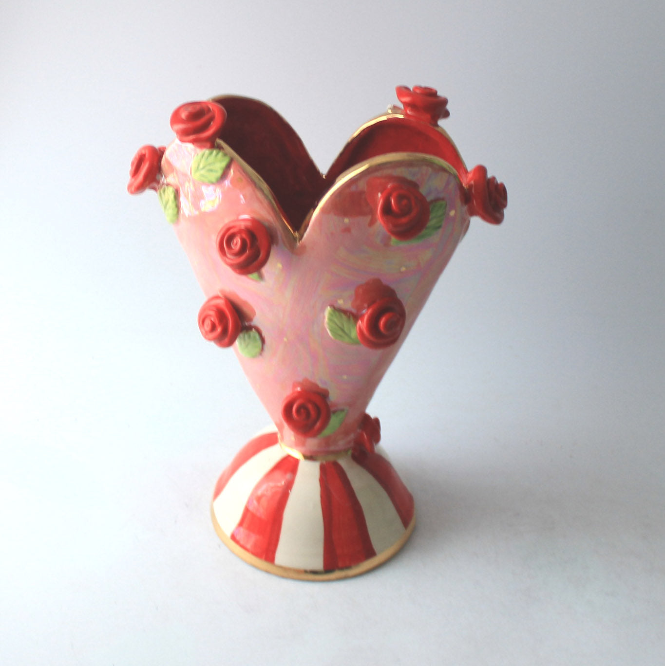 Small Rose Studded Heart Vase Reds and Pinks - MaryRoseYoung