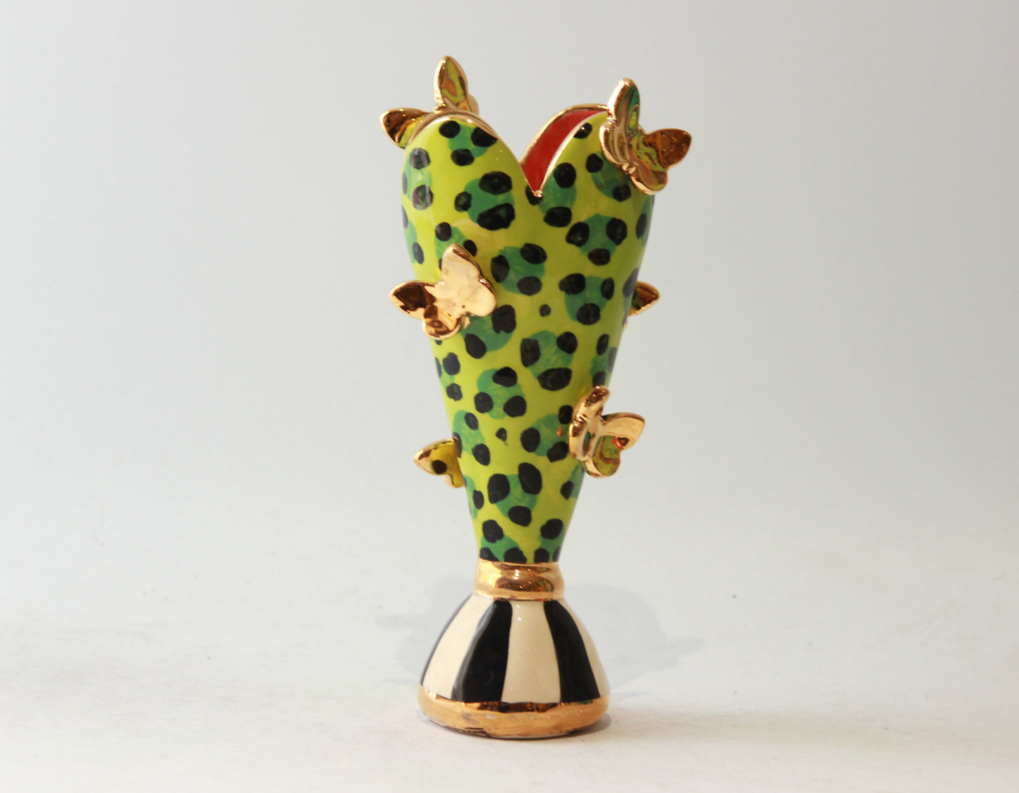 Tiny Butterfly Studded Heart Vase Green Leopard