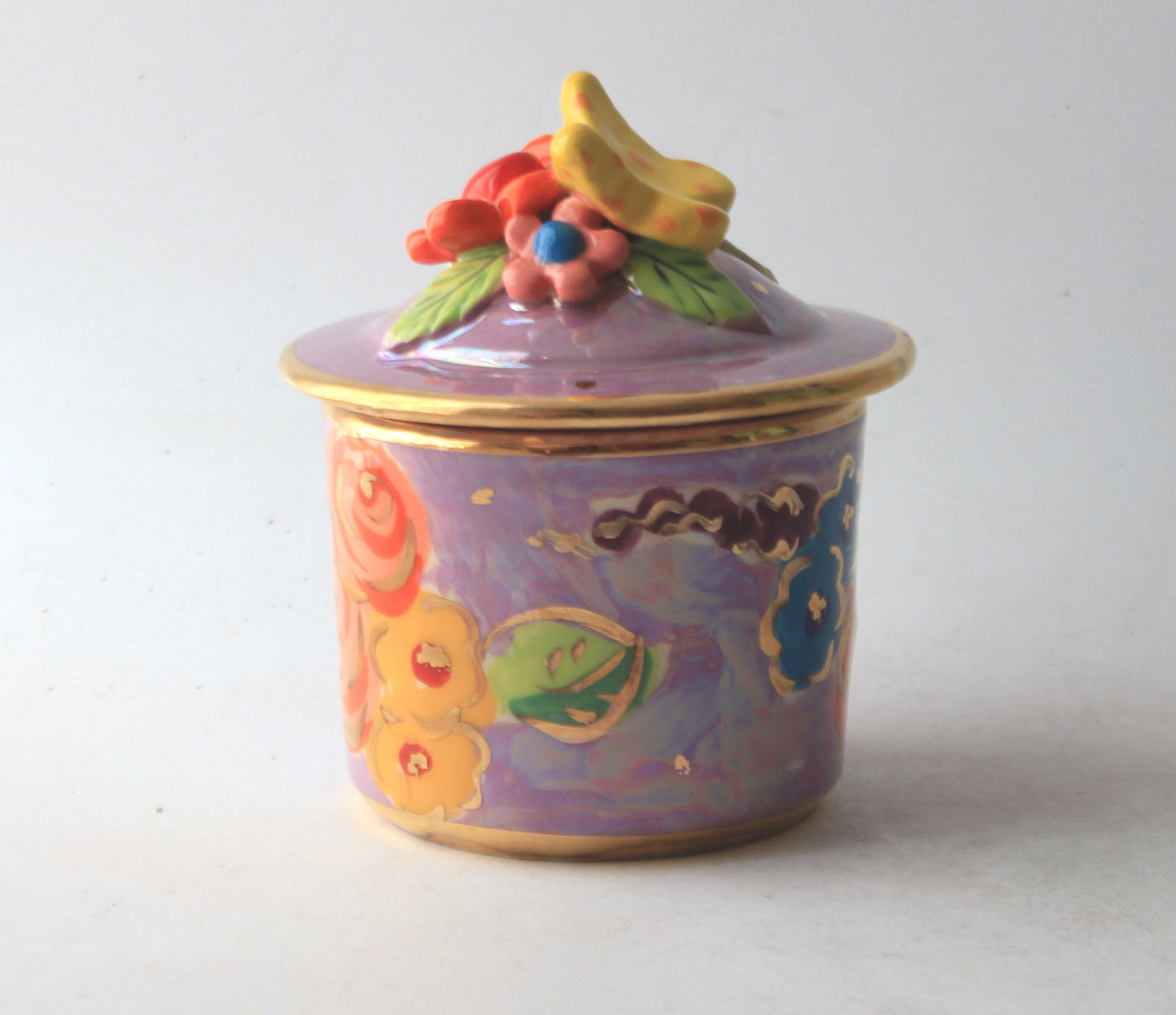 Tiny Lidded Pot with Butterfly and Daisies