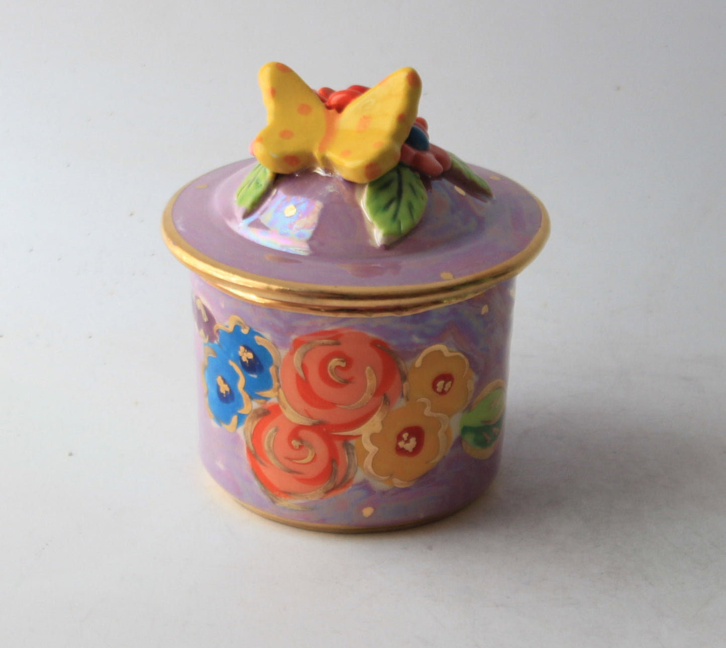 Tiny Lidded Pot with Butterfly and Daisies