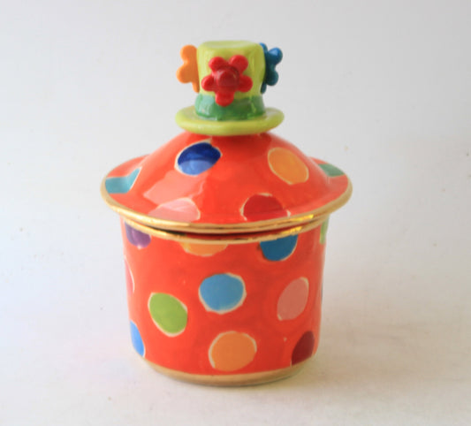 Tiny Lidded Pot with Hat Handle Orange with Dots
