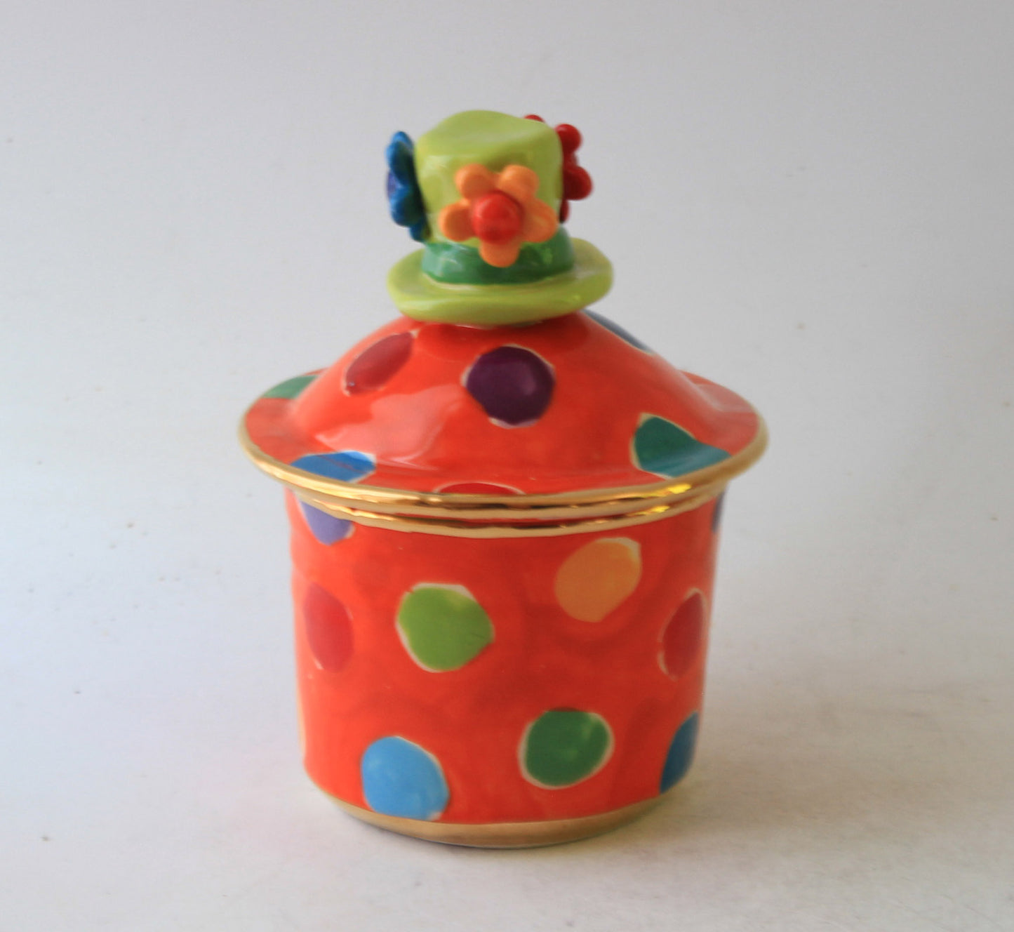 Tiny Lidded Pot with Hat Handle Orange with Dots