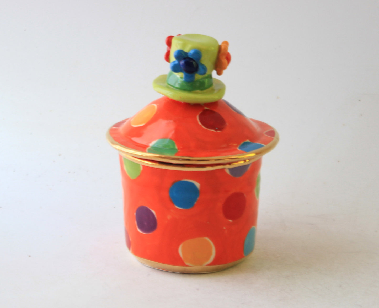Tiny Lidded Pot with Hat Handle Orange with Dots