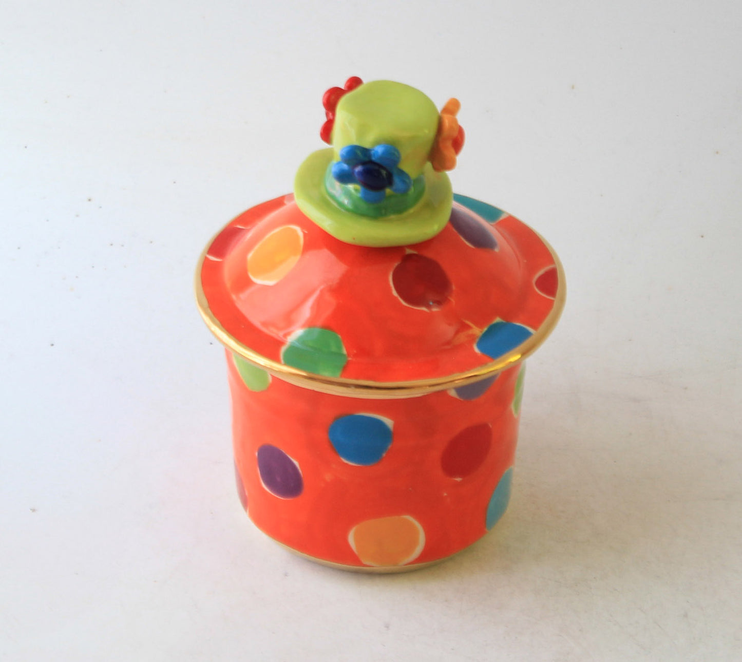 Tiny Lidded Pot with Hat Handle Orange with Dots