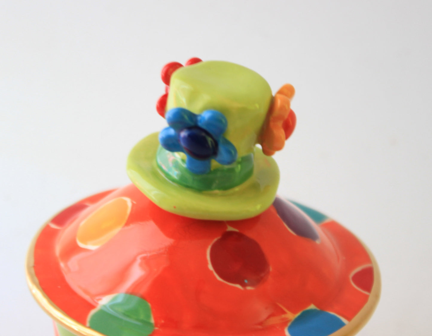 Tiny Lidded Pot with Hat Handle Orange with Dots