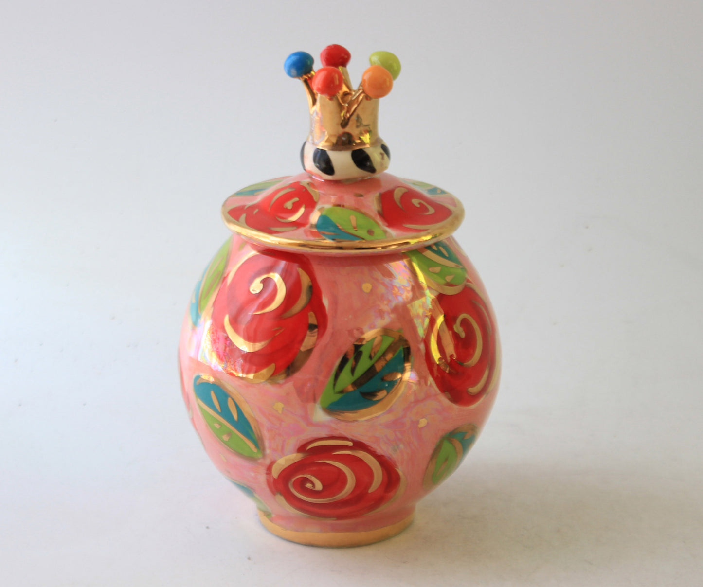 Tiny Round Pot with Crown Lid Rose Red