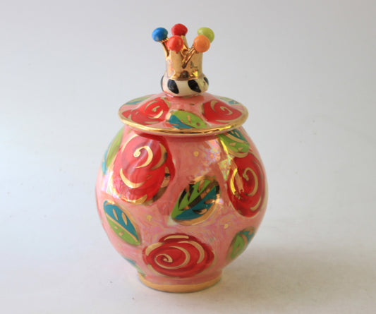 Tiny Round Pot with Crown Lid Rose Red