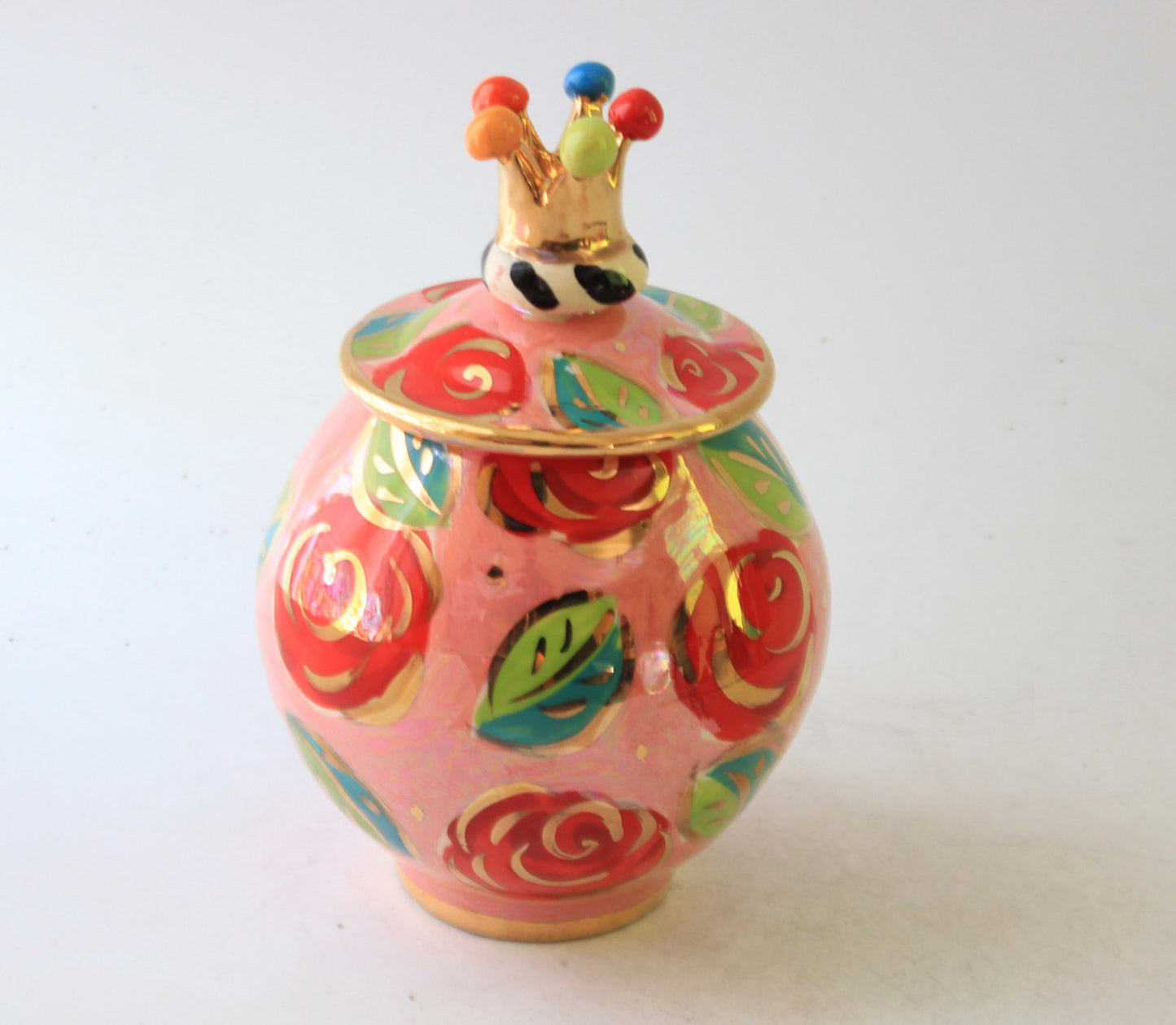 Tiny Round Pot with Crown Lid Rose Red
