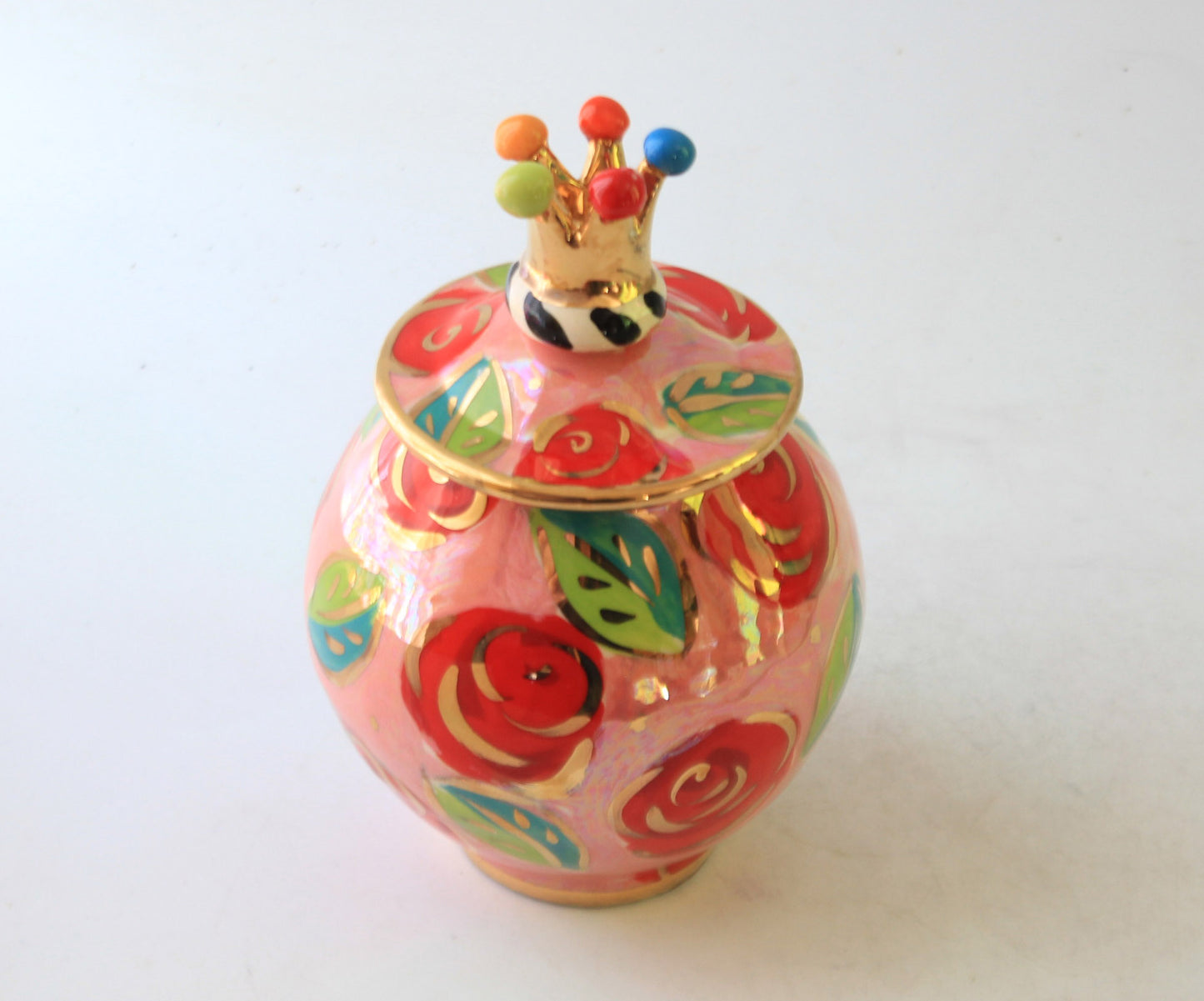 Tiny Round Pot with Crown Lid Rose Red