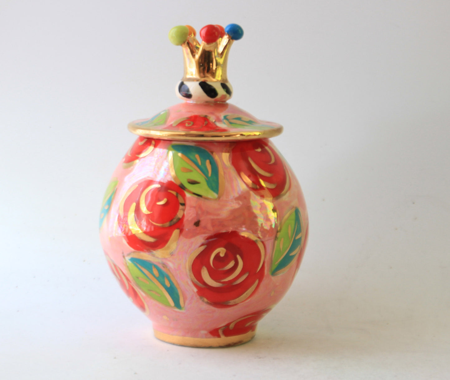 Tiny Round Pot with Crown Lid Rose Red