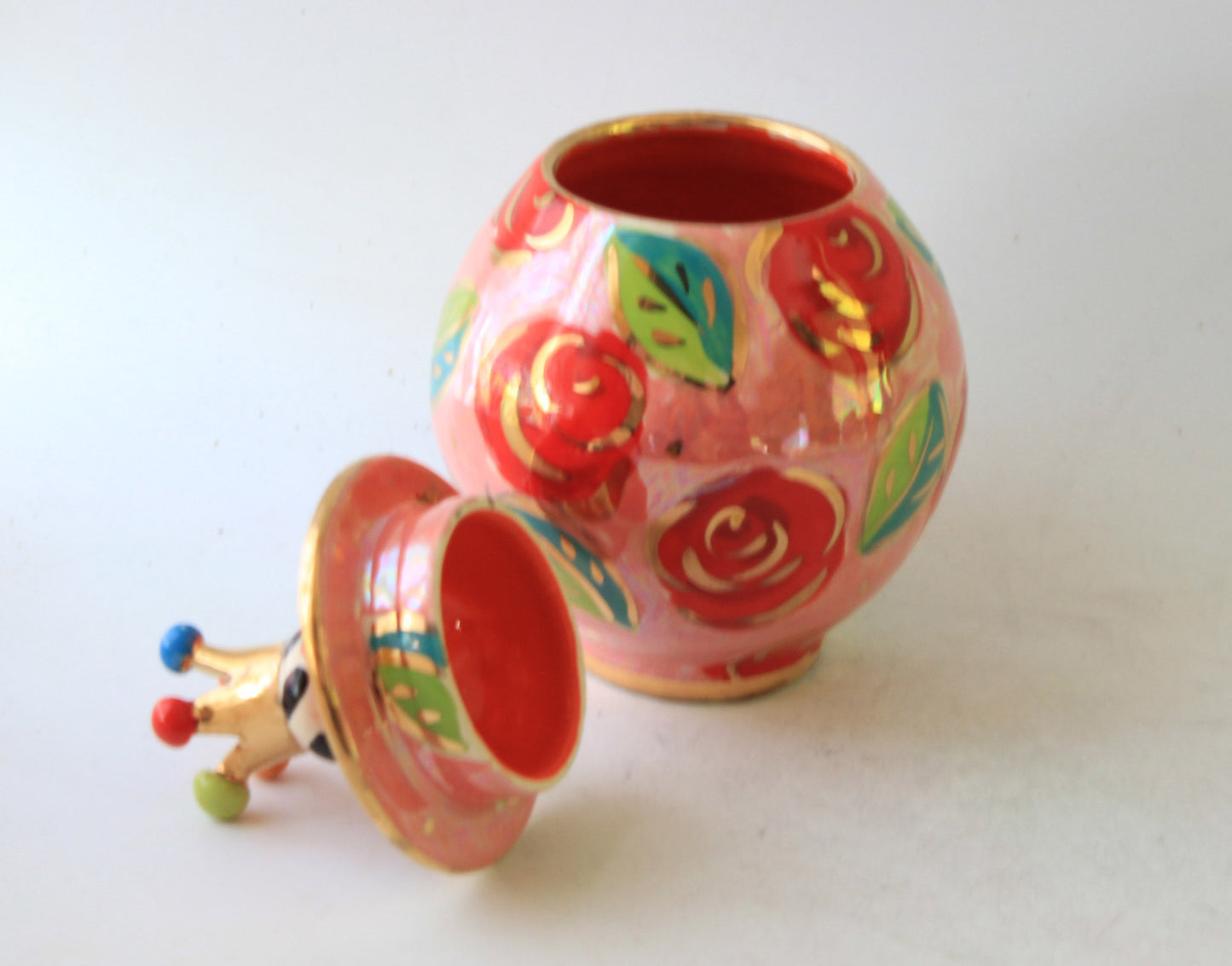 Tiny Round Pot with Crown Lid Rose Red