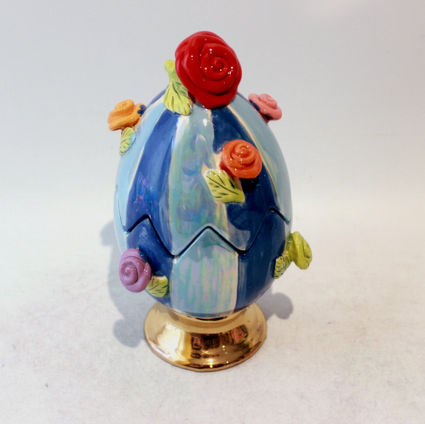Rose Studded Easter Egg with Two Tone Blue Stripes