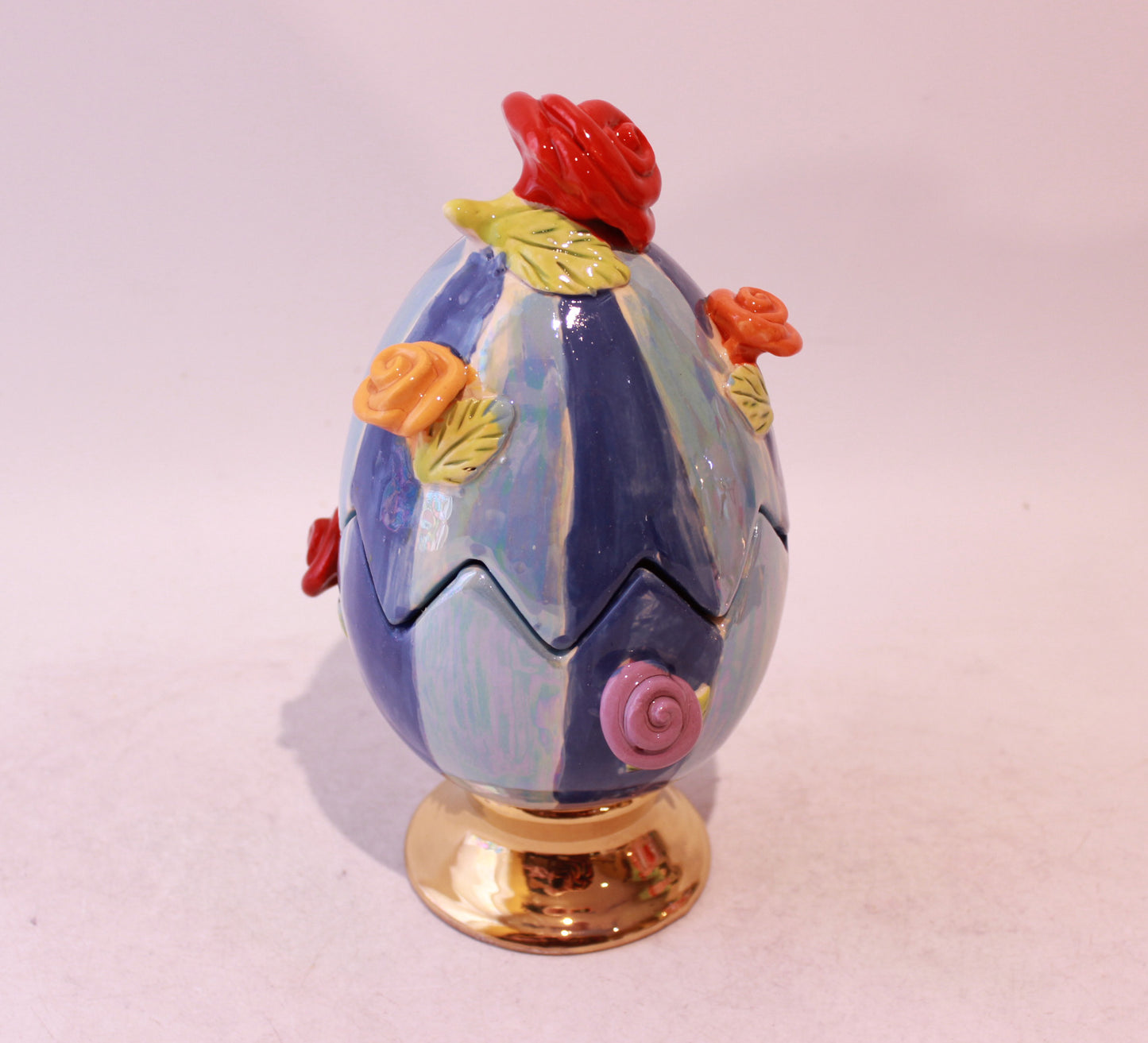 Rose Studded Easter Egg with Two Tone Blue Stripes