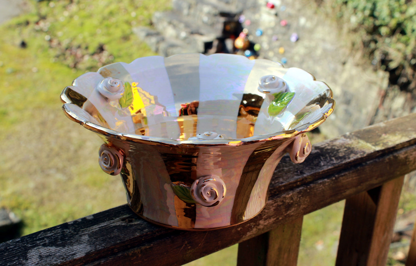 Small Fluted Serving Bowl Rose Studded Gold & White