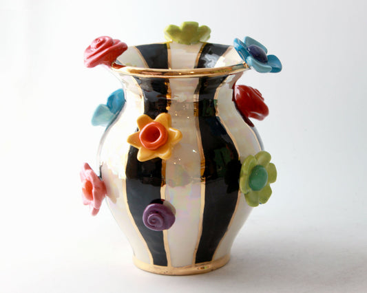 Small Flower Studded Vase Black and White Stripe