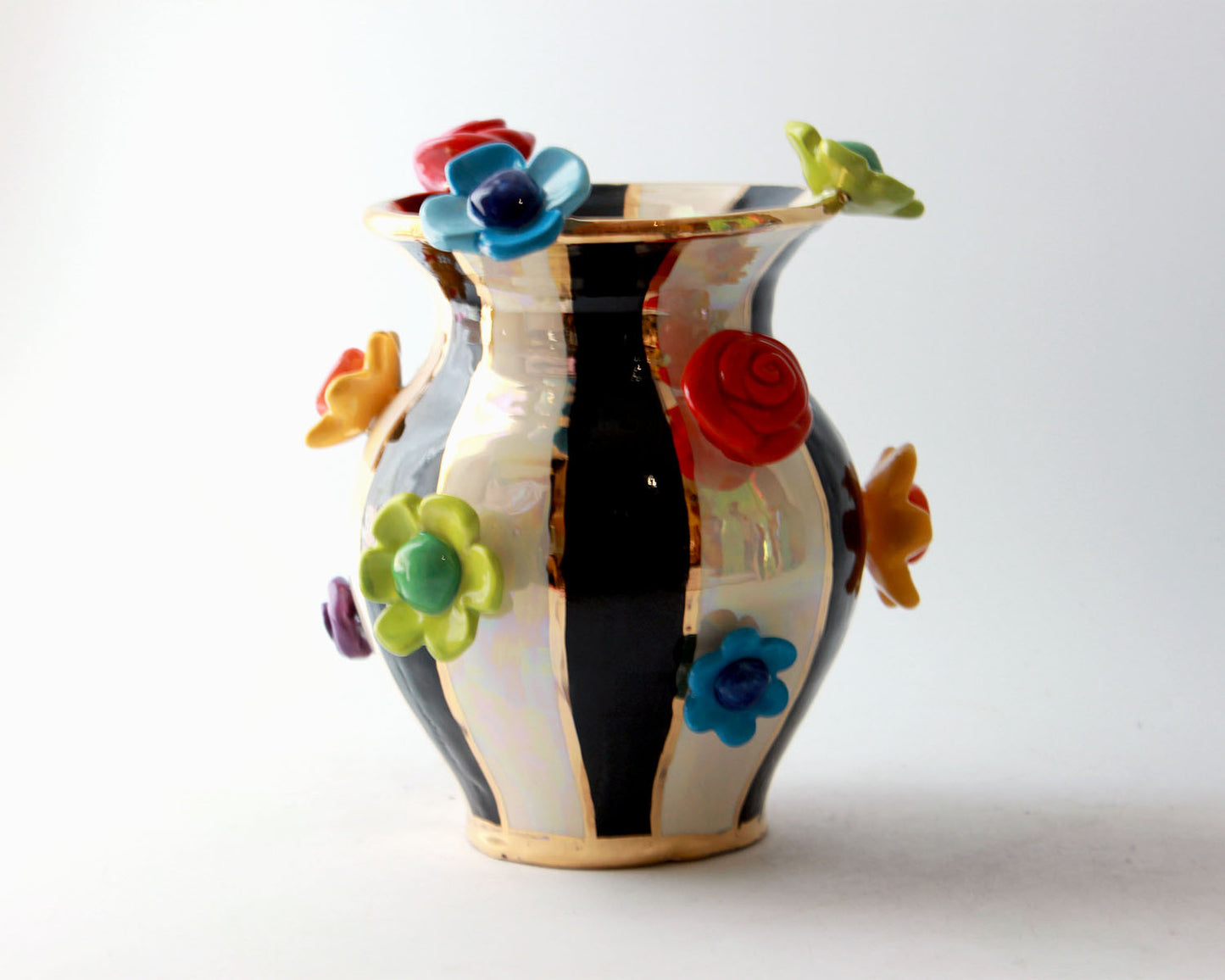 Small Flower Studded Vase Black and White Stripe