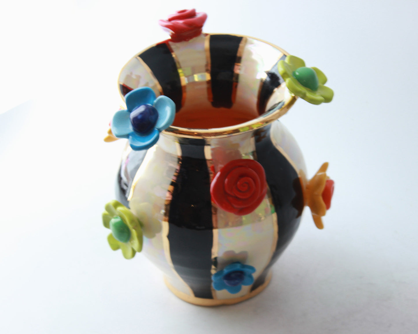 Small Flower Studded Vase Black and White Stripe