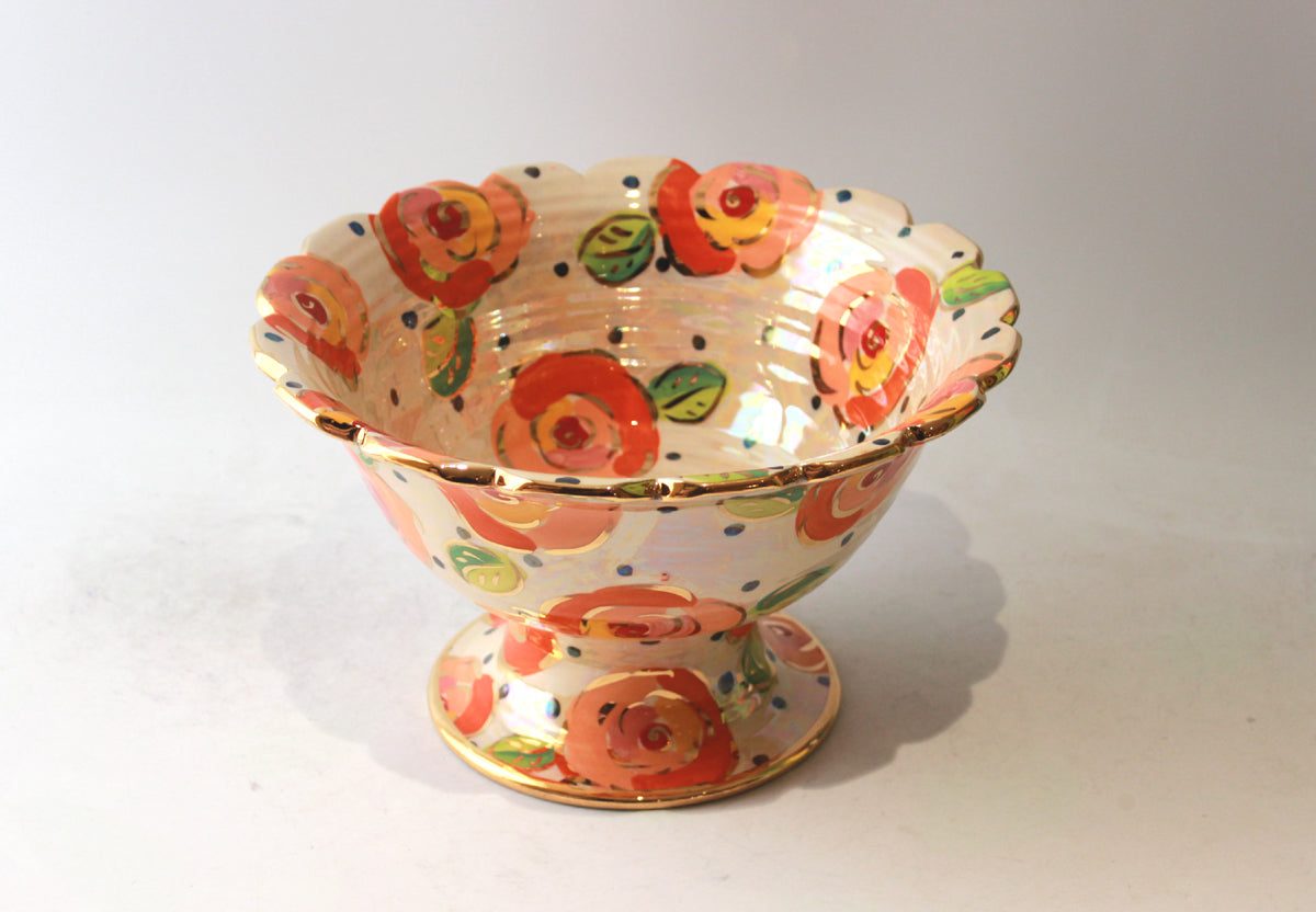 Fluted Punch Bowl in Peach Roses on Polka