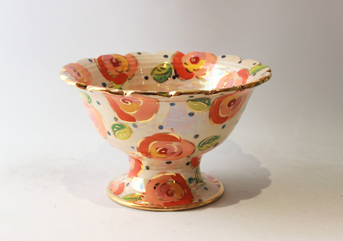 Fluted Punch Bowl in Peach Roses on Polka