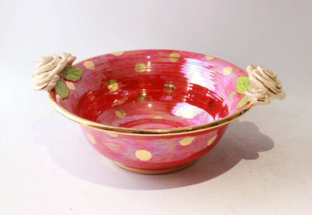 Rose Edged Salad Bowl in Iridescent Red with Gold Dots