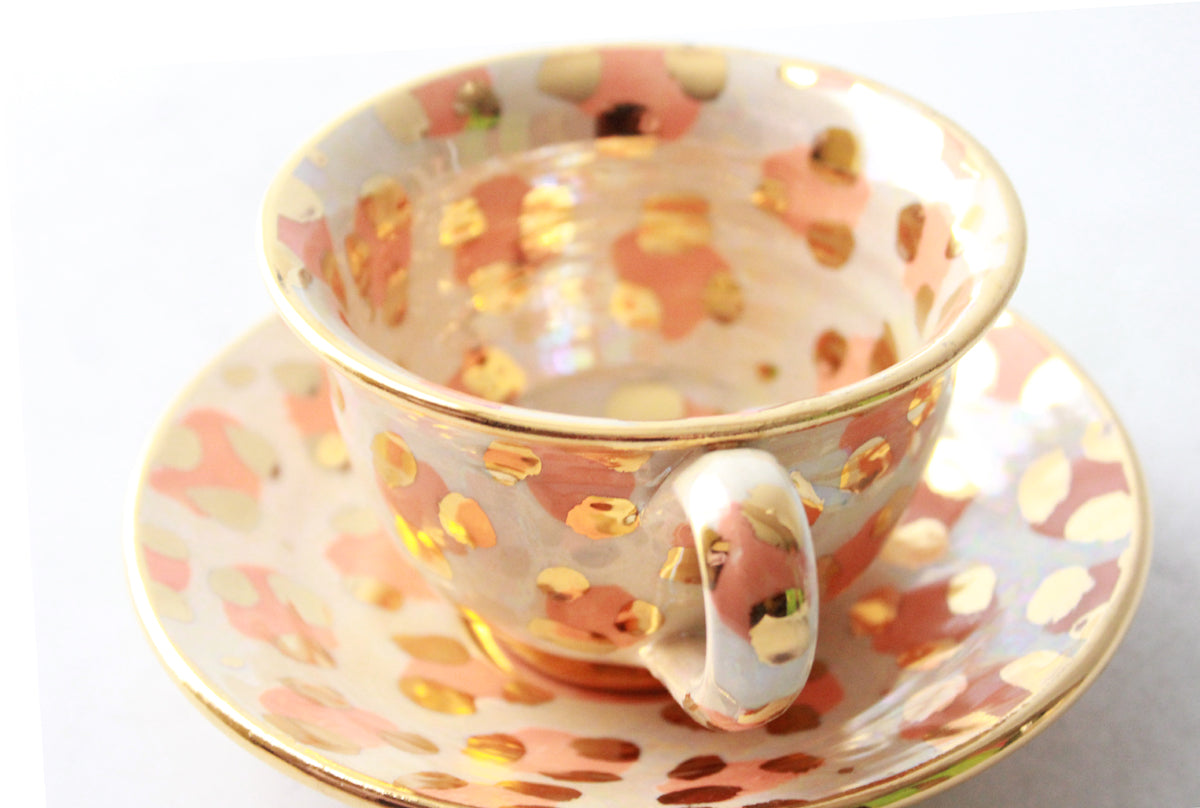 Cup and Saucer in Peach Leopard
