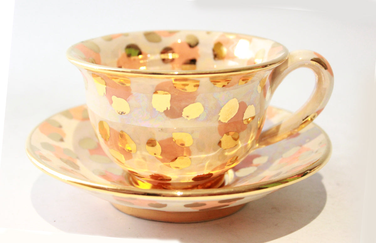 Cup and Saucer in Peach Leopard