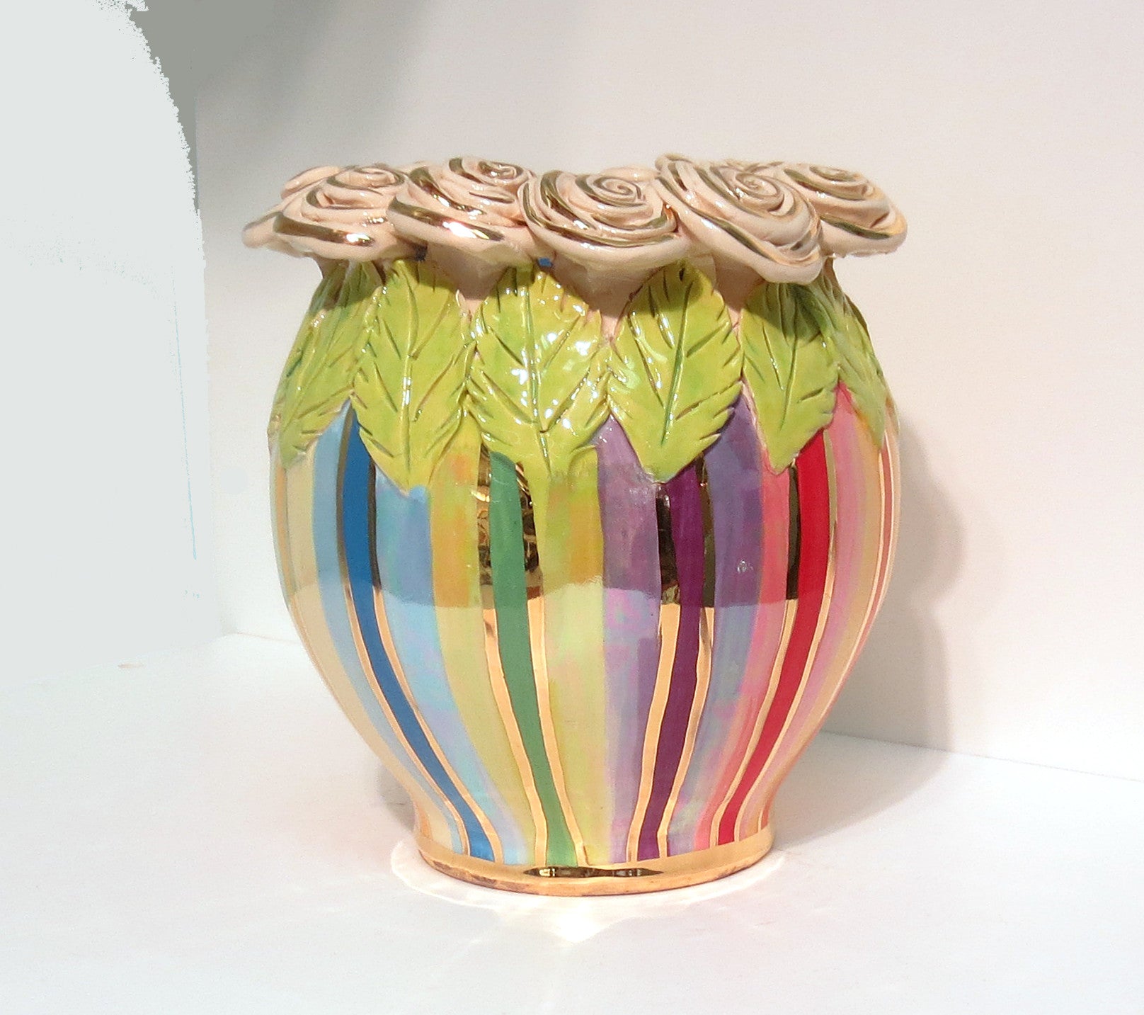 Rose Encrusted "Cauldron" Vase Lustred Stripe - MaryRoseYoung
