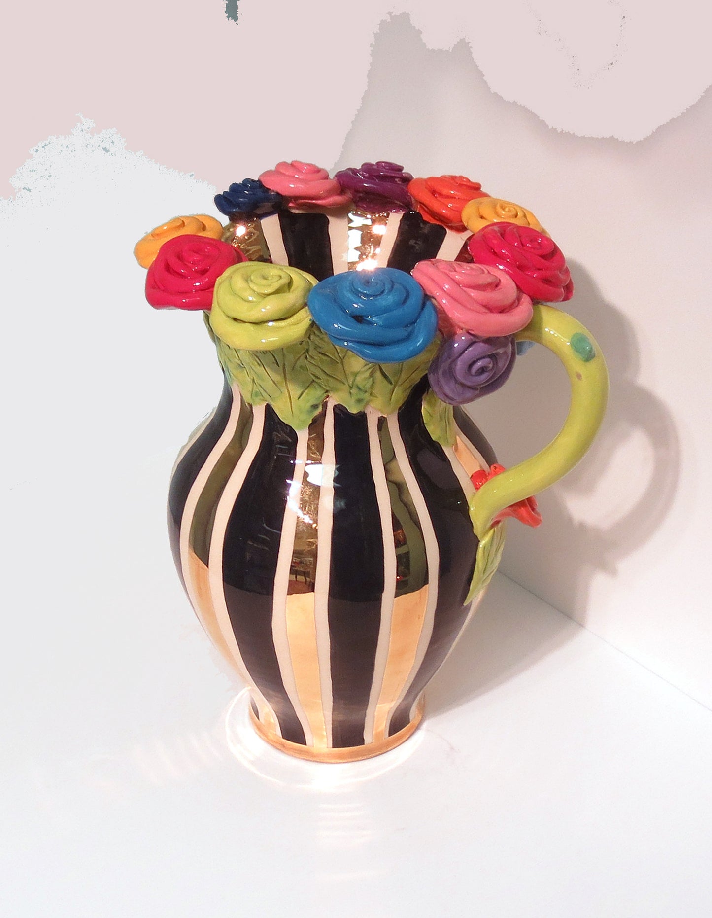 Large Rose Encrusted Pitcher "Black and White and Gold" - MaryRoseYoung
