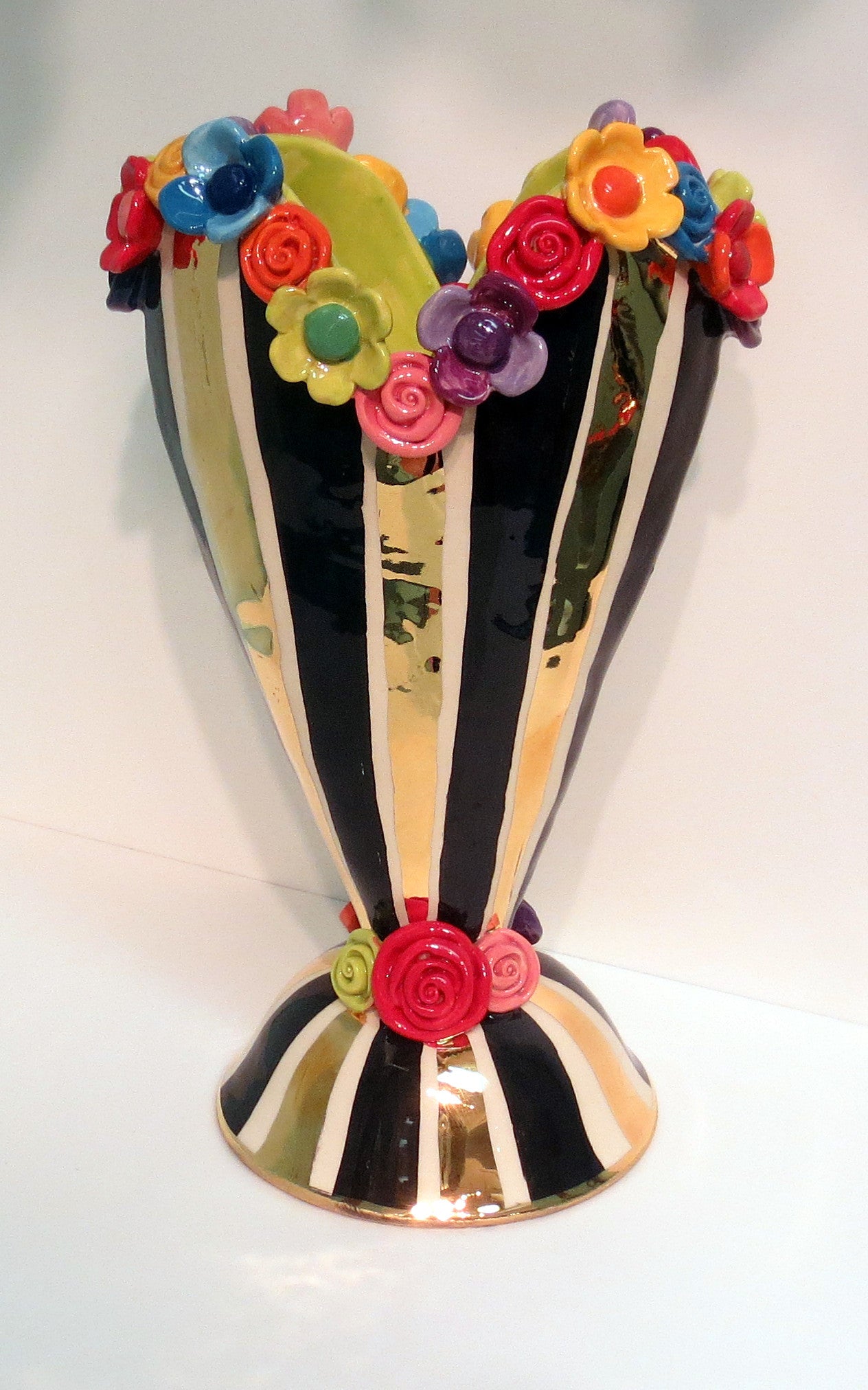 Large Encrusted Heart Vase "Black and White and Gold" - MaryRoseYoung