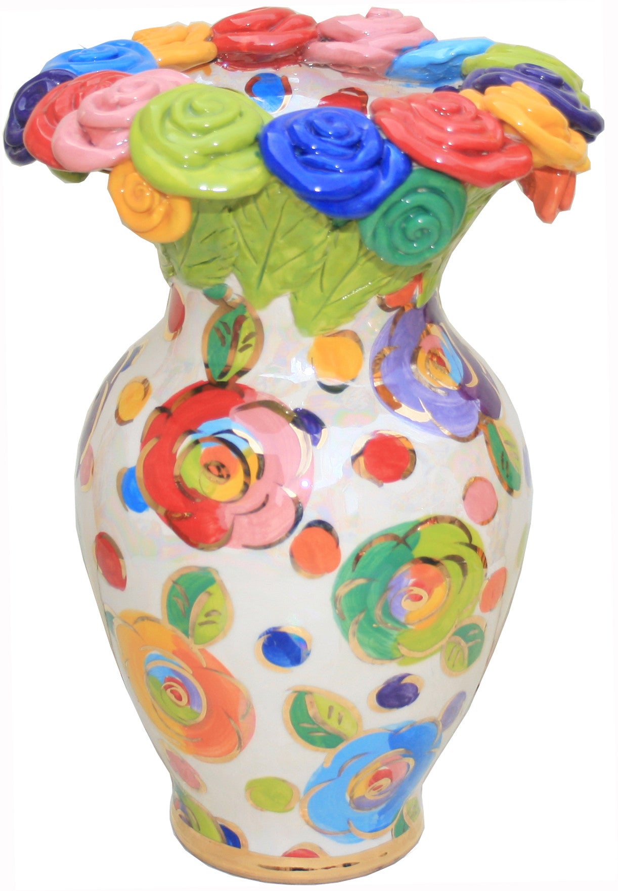 Large Rose Encrusted Vase Roses on Colored Dots - MaryRoseYoung