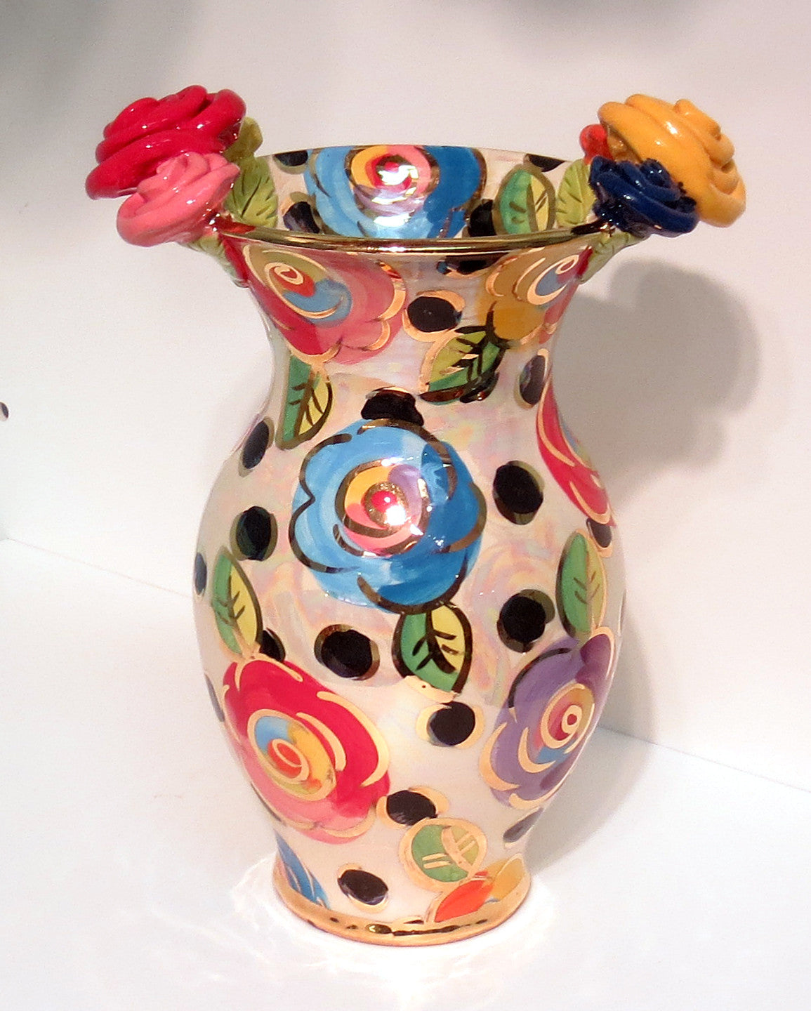 Large Vase "Roses on Black Dots" - MaryRoseYoung