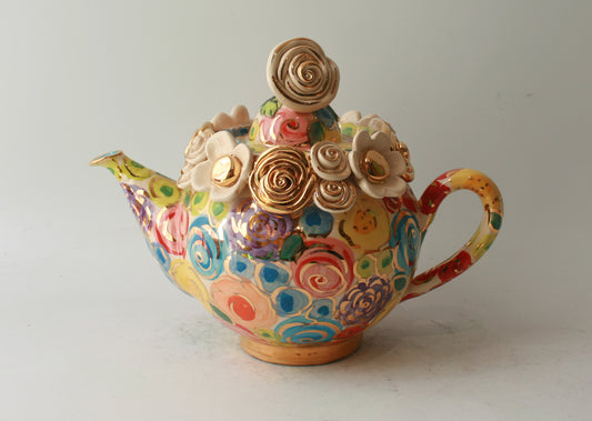 Medium Multiflower Encrusted Teapot in Pastel Blooms - MaryRoseYoung