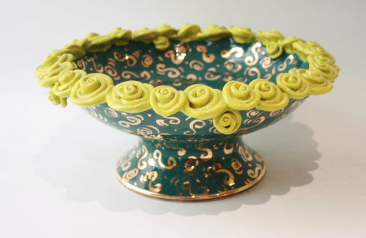 Rose Encrusted Cakestand in Dark Green Paisley - MaryRoseYoung