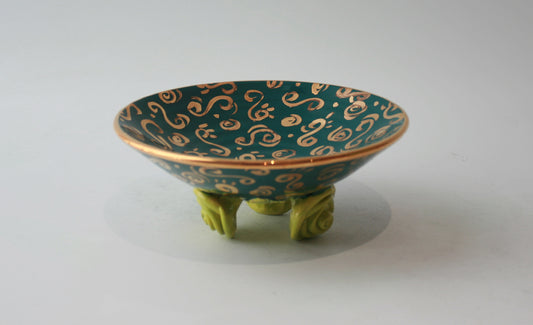 Rose Footed Dish in Dark Green Paisley - MaryRoseYoung