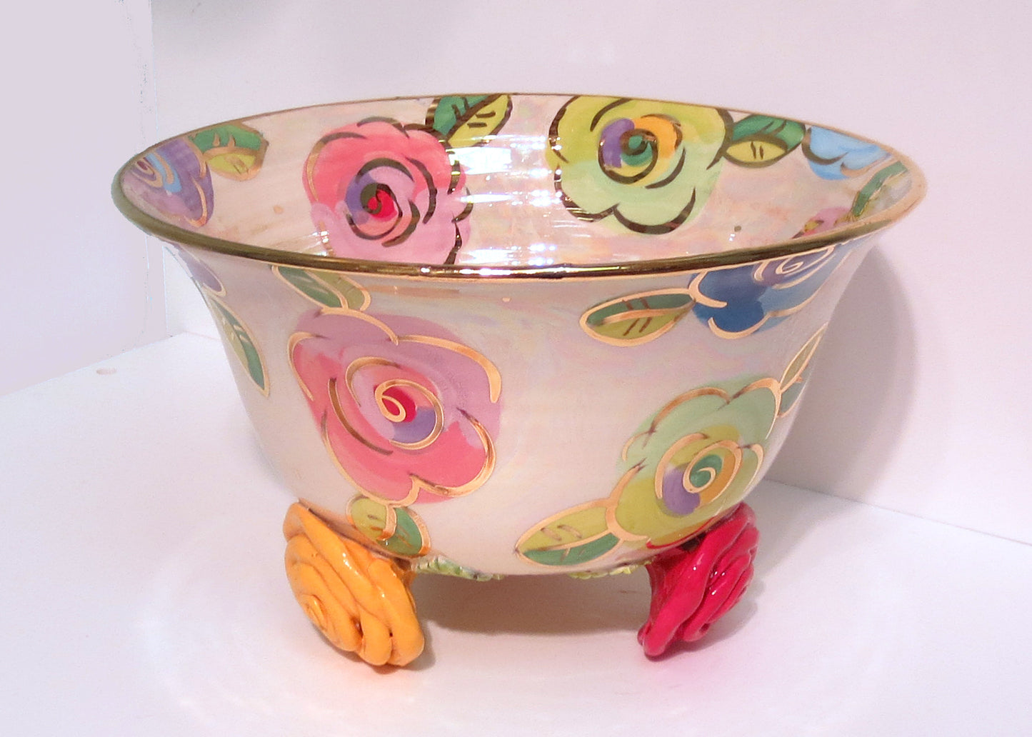 Rose Footed Salad Bowl "Mixed Pale Roses" - MaryRoseYoung